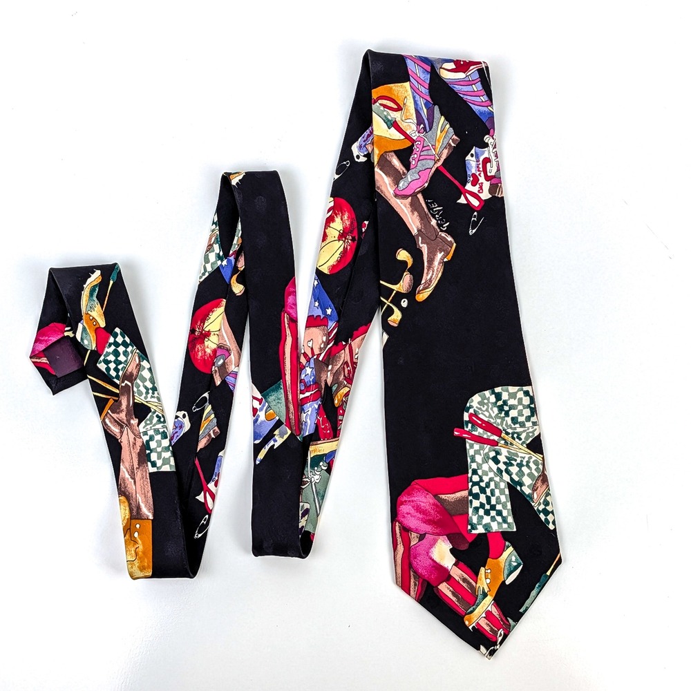 Nicole Miller 1990 Silk Necktie Black Shoe Sneaker Golf Club Print 4 In